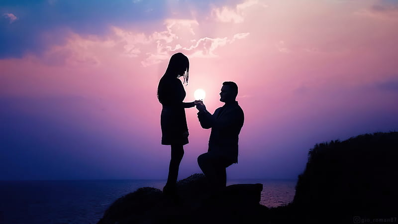 Boy Putting Ring On The Girl , love, couple, silhouette, artist, artwork, digital-art, HD wallpaper