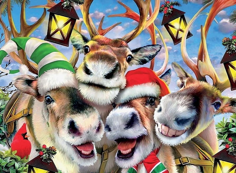 Christmas selfie, face, funny, reindeer, selfie, hat, red, lantern, christmas, craciun, smile, santa, fantasy, HD wallpaper