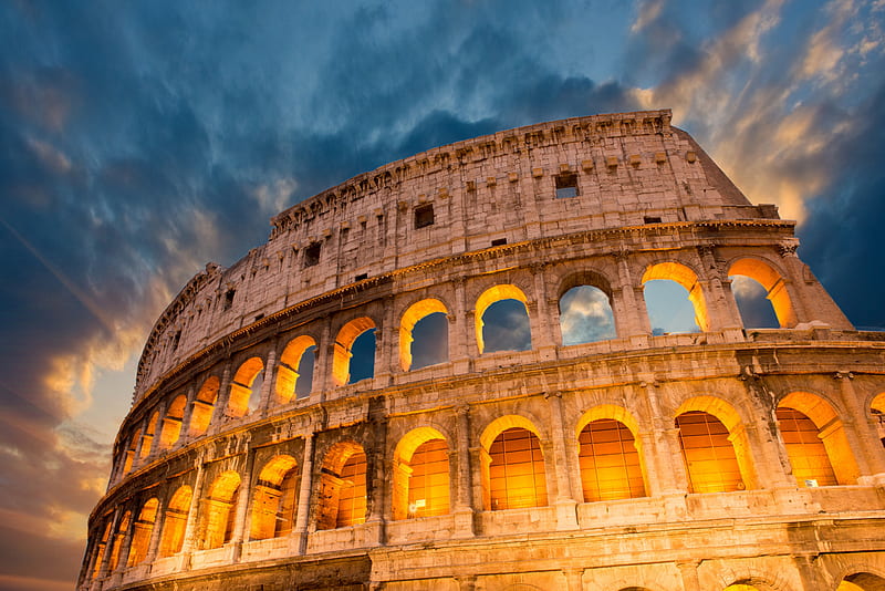 Colosseum, arena, Italy, Rome, sunset, old, monument, stone, forum, historical, gladiator, night, art, ancient, amphitheater, sunshine, stadium, HD wallpaper