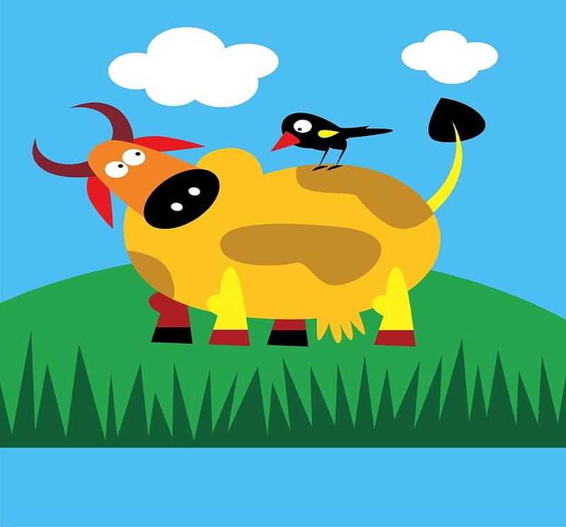 Cheeky Cow, cow, bird, grass, clouds, meadow, HD wallpaper