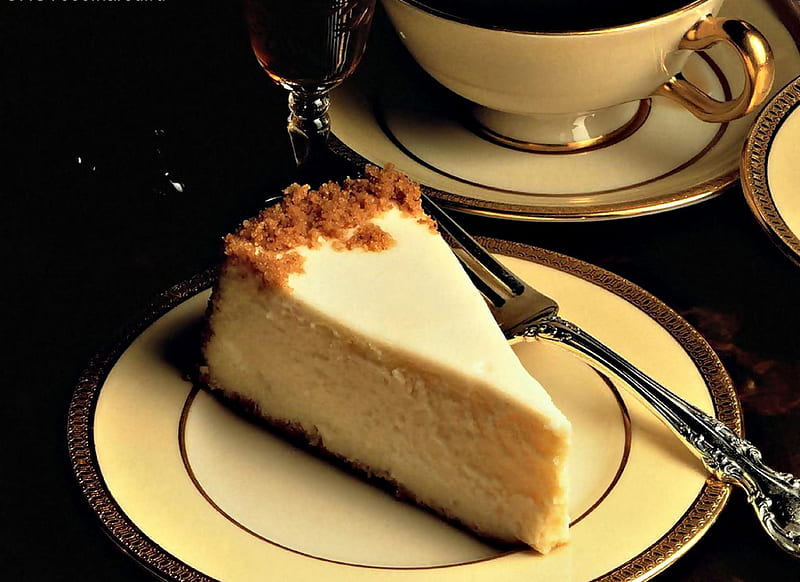 coffee and cheese cake, delicious, spoon, sugar, coffee, cheese cake, cup, plate, creamy, fork, HD wallpaper