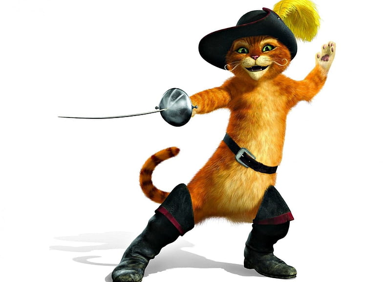 Puss in Boots (2011), puss in boots, movie, orange, cat, hat, fantasy, animation, white, sword, HD wallpaper