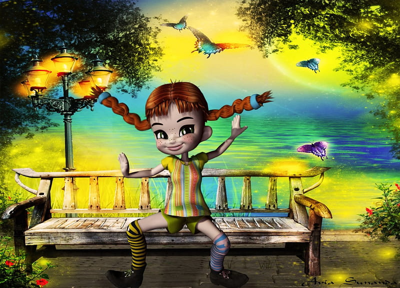 ✰Little Humor✰, cartoons, pretty, colorful, dress, little, digital art, hair, fantasy, love, beauty, face, girls, sharp, light, animals, female, wings, lovely, lamps, different, colors, bench, butterflies, lips, cute, humor, cool, stockings, characters, flying, 3D art, eyes, HD wallpaper
