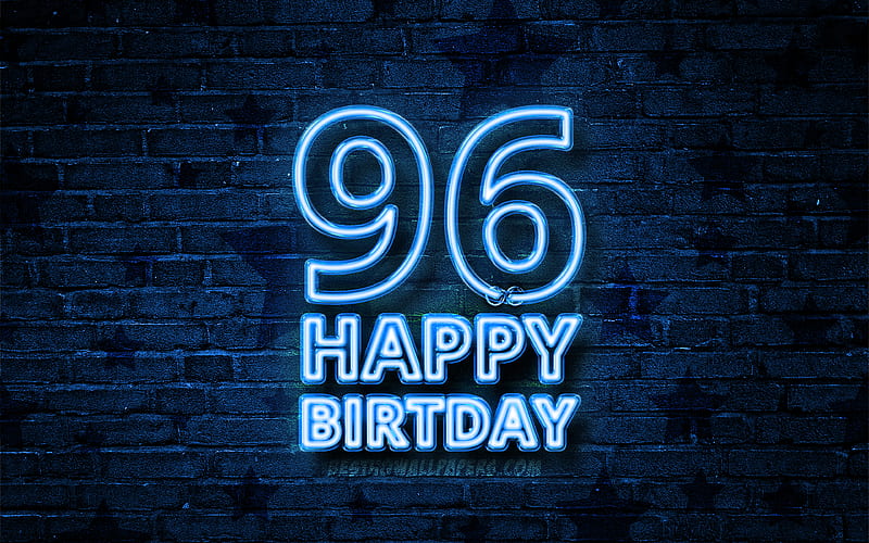 Happy 96 Years Birtay blue neon text, 96th Birtay Party, blue brickwall, Happy 96th birtay, Birtay concept, Birtay Party, 96th Birtay, HD wallpaper