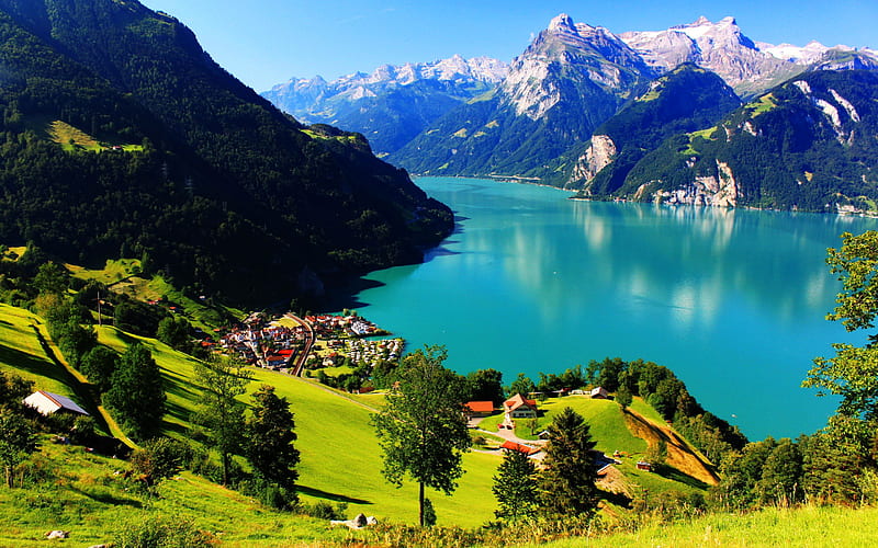 Switzerland Swiss Alps, mountain lake, summer, mountains, Europe, Alps, HD wallpaper
