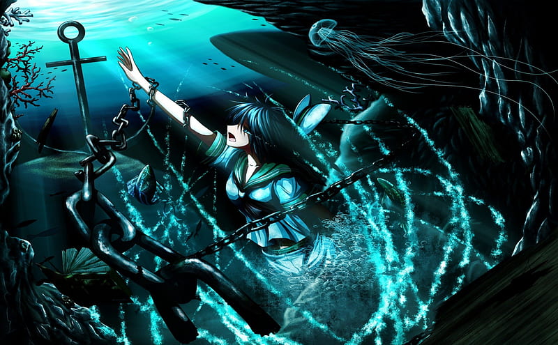 submerged, cool, girl, anime, whater, HD wallpaper
