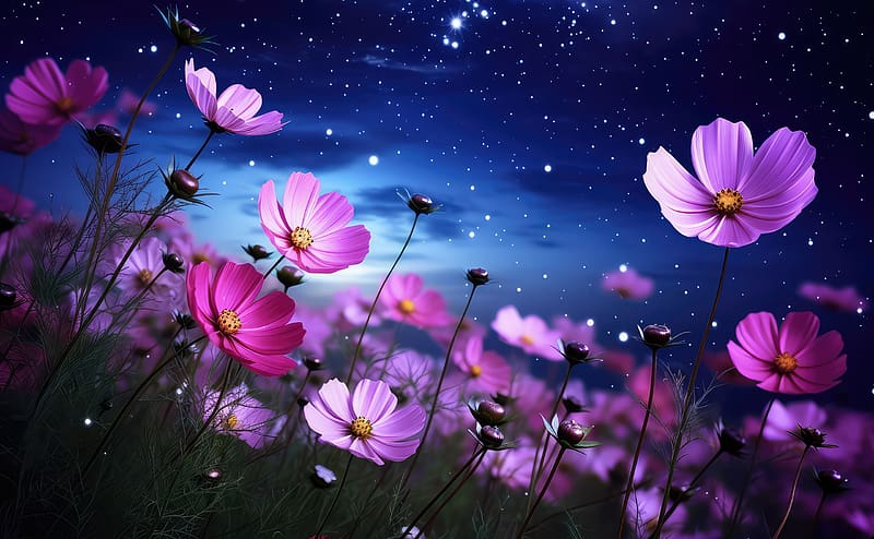 Cosmos Flowers Night Ultra, Cute, Night, Pink, Flowers, Cosmos, HD wallpaper