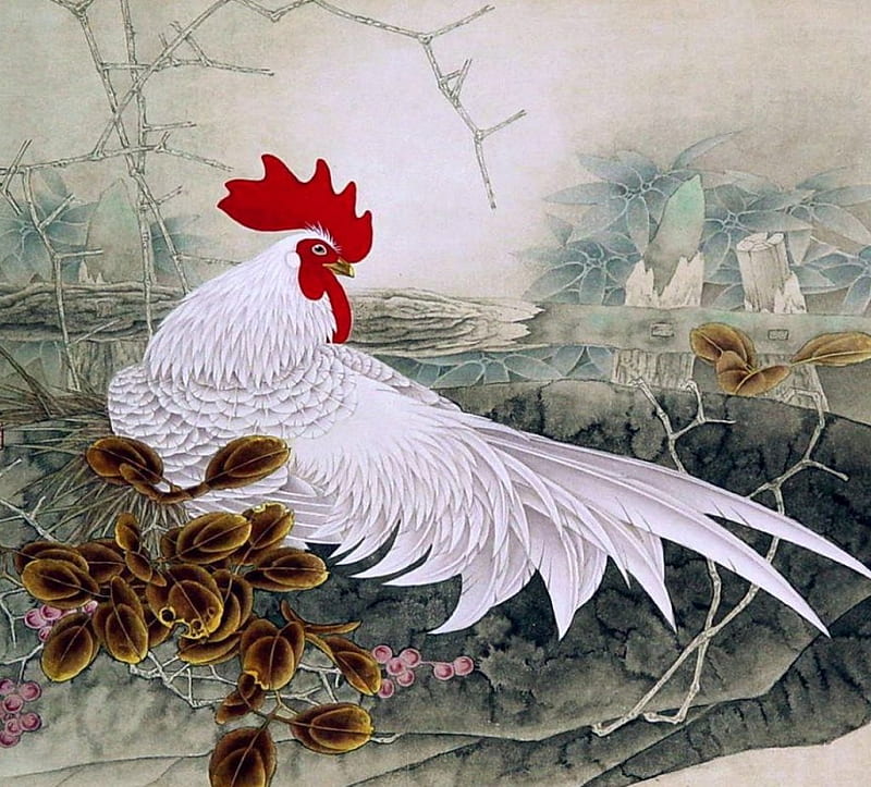 Ahite Rooster, painting, poultry, leaves, artwork, HD wallpaper