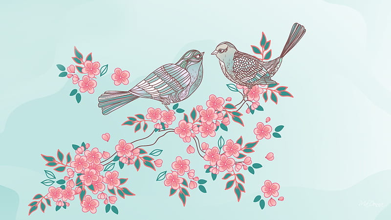 Spring Sensation, sakura, tree, summer, birds, flowers, blossoms, pastel, spring, HD wallpaper