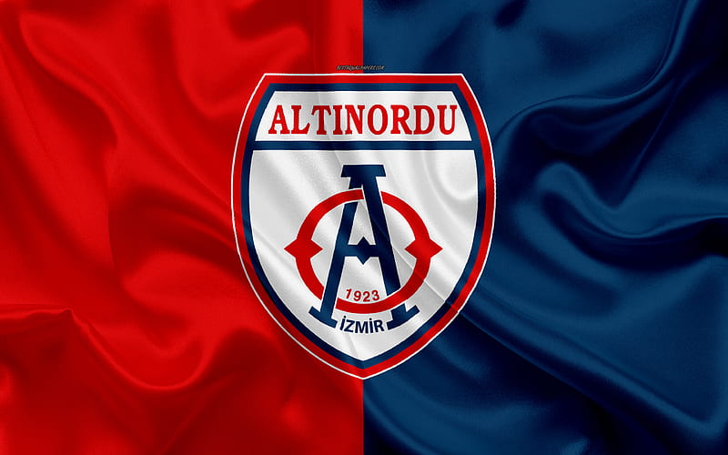 Altinordu FK logo, silk texture, Turkish football club, red blue flag, emblem, 1 Lig, TFF First League, Izmir, Turkey, football, HD wallpaper