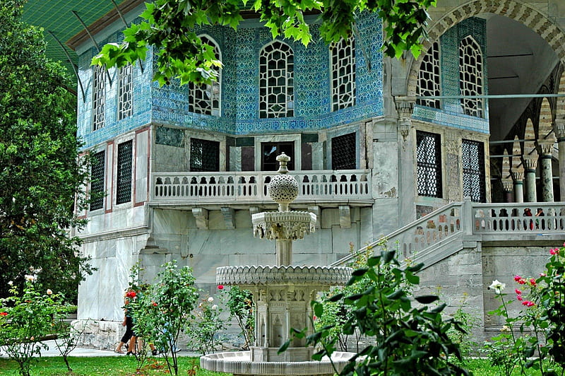 The Revan Kiosk, Ottoman Sultans, Revan kiosk, archtecture, ancient, park, Topkapi, Turkey, blue white tiles, Istanbul, historical, HD wallpaper