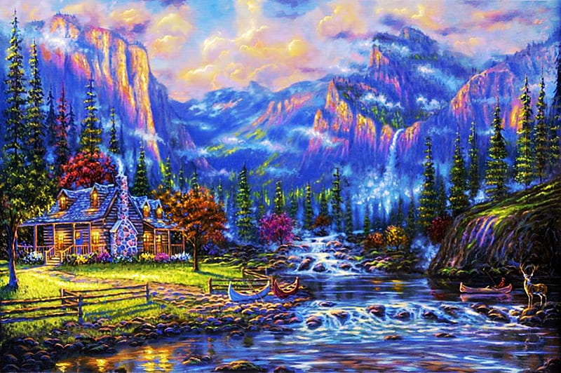 Mountain Landscape, fall, cottage, mountains, colors, river, trees, artwork, HD wallpaper Mountain Landscape, fall, cottage, mountains, colors, river, trees, artwork, HD wallpaper