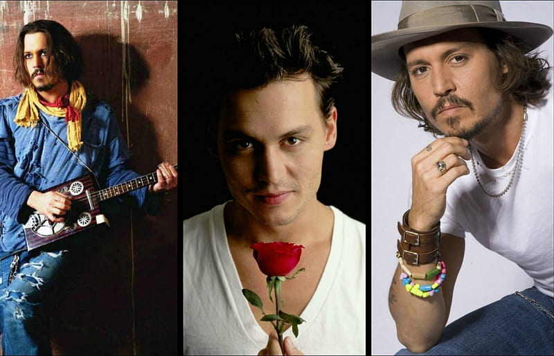 Johnny Depp, red, rose, music, black, man, by cehenot, collage, hat, instrument, guitar, flower, white, actor, blue, HD wallpaper
