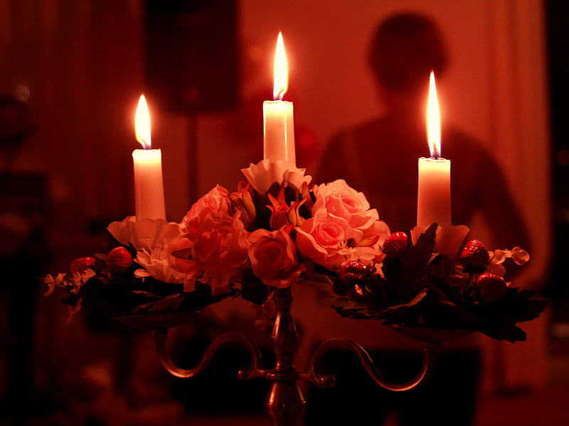 Romantic, flames, candelabra, flowers, roses, candles, HD wallpaper
