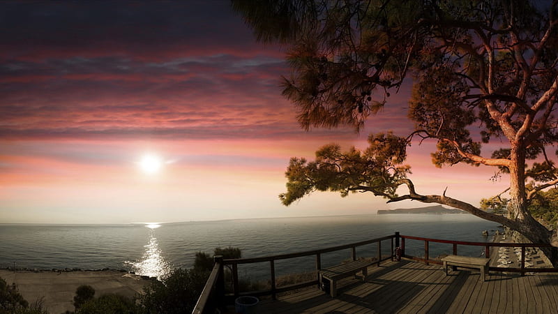 Balcony Overlooking the Ocean at Sunset, oceans, nature, trees, sunsets, HD wallpaper