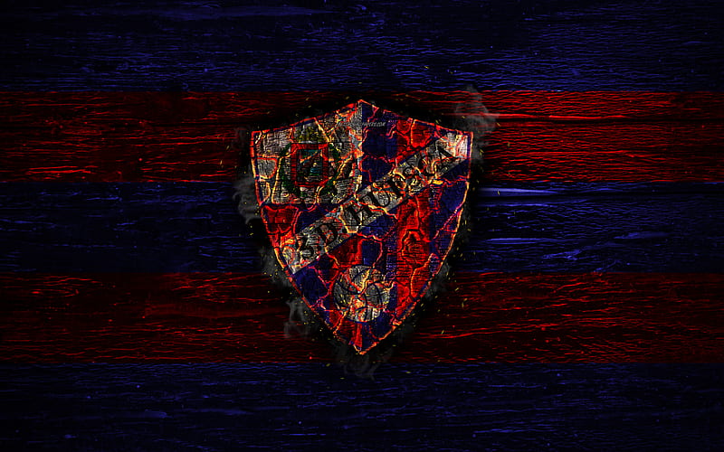 Huesca FC, fire logo, LaLiga, blue and red lines, spanish football club, grunge, football, soccer, logo, SD Huesca, wooden texture, Spain, HD wallpaper