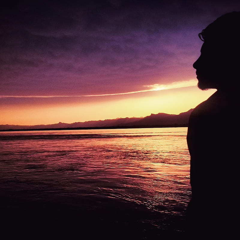 Alone Boy, emoji, en, horizon, river, sunset, HD phone wallpaper