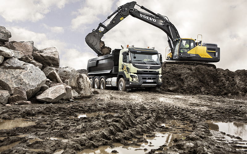 Volvo FMX 460, mining dump truck, Volvo EC380E, Crawler Excavator, mining machines, Excavator, stone loading, Volvo, HD wallpaper