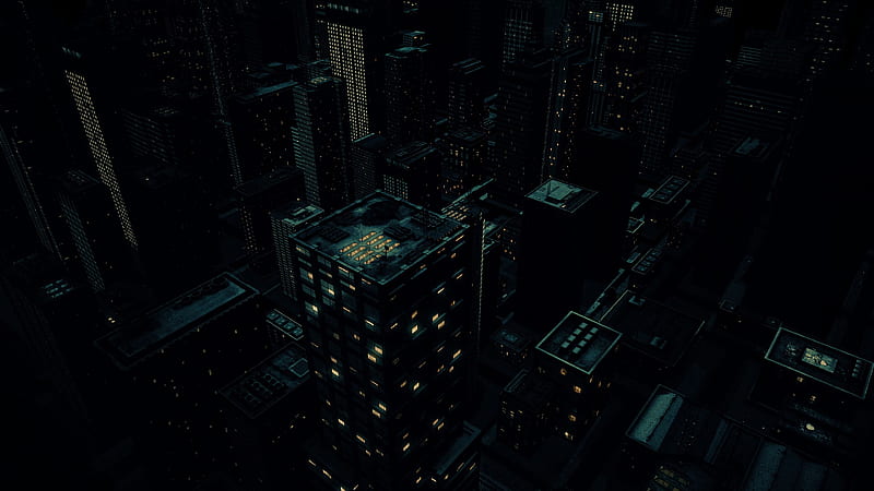 night city, buildings, aerial view, dark, art, HD wallpaper