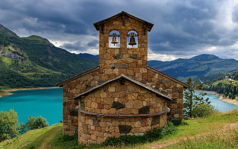 Beaufort, Cormet de Roselend, mountain lake, Alps, old stone church, Mountain landscape, Savoie, France, HD wallpaper
