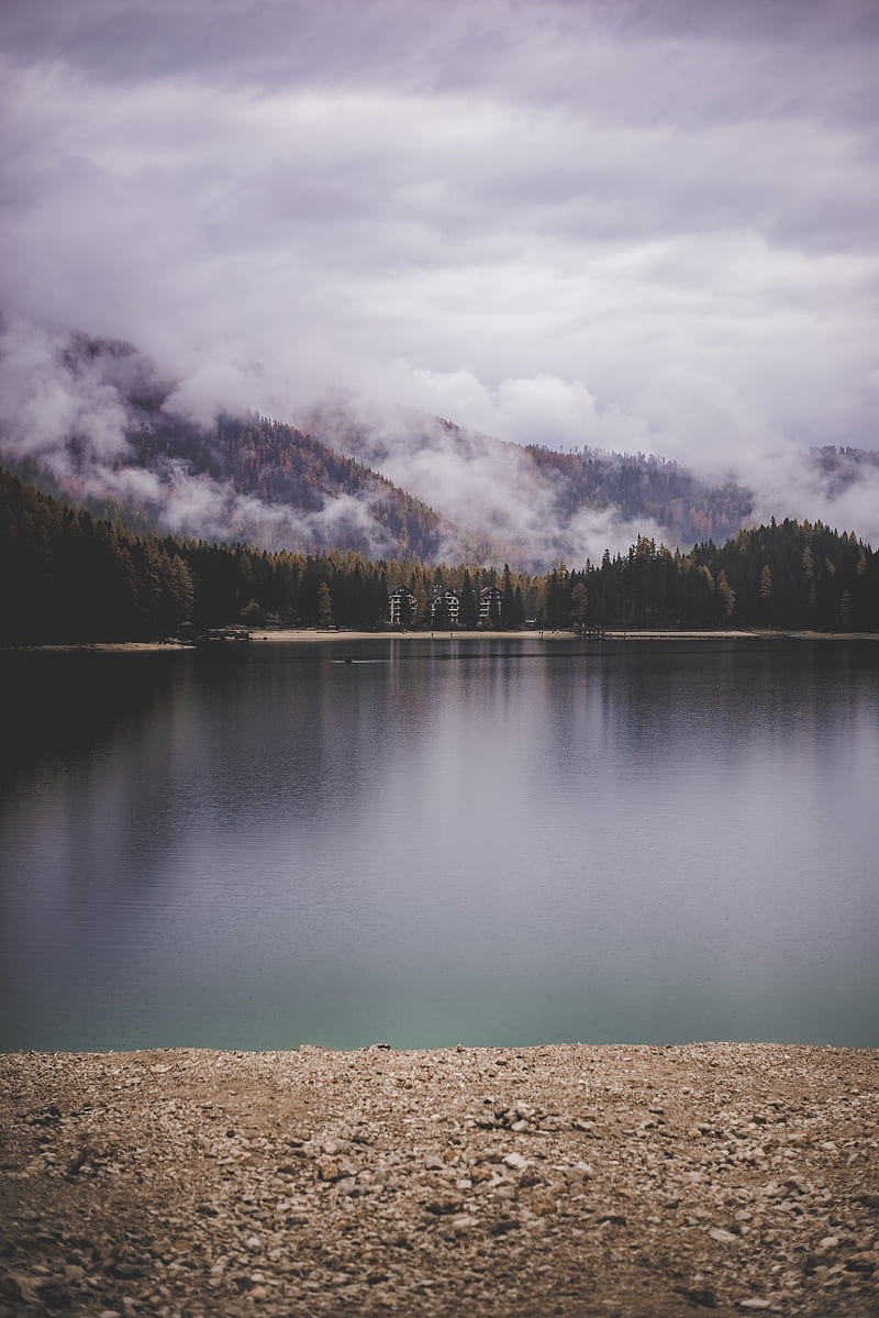 lake, shore, mountains, clouds, trees, landscape, HD phone wallpaper