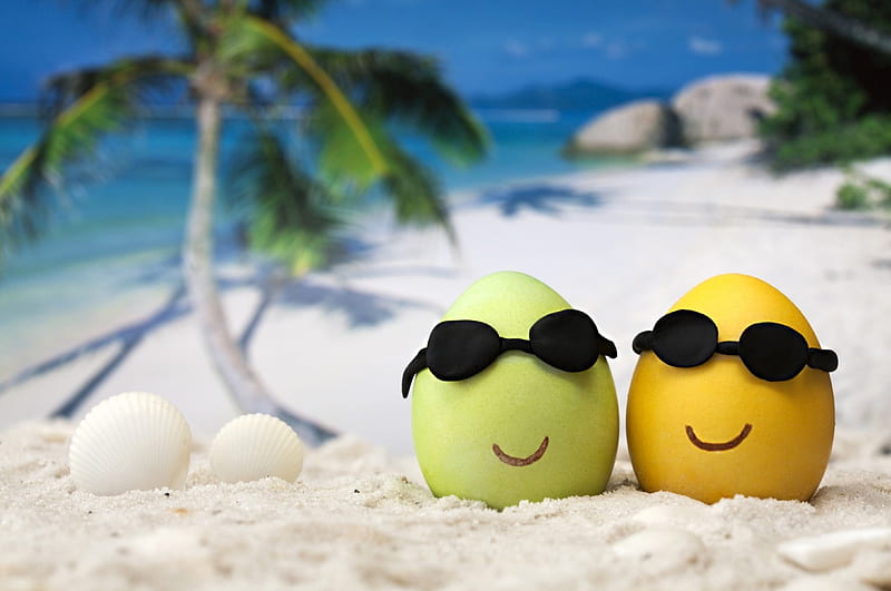 Fun In The Sun~Easter Vacation :), rocks, Easter eggs, ocean, palm, sunglasses, beach, Easter, sand, water, eggs, shells, HD wallpaper