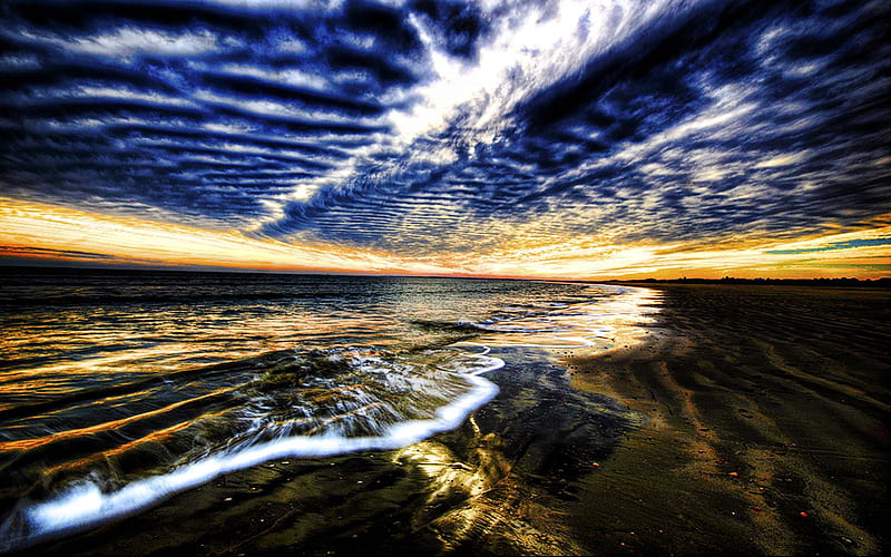 Night Of Glory, beach, golden, ocean, reflection, clouds, ray, blue, HD wallpaper