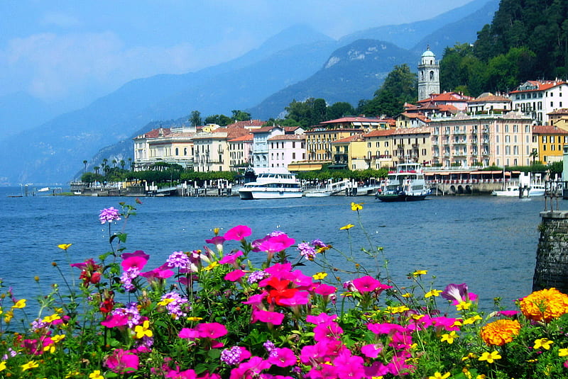 Lake Como Italy, world, lake como, houses, places, one, trees, blue water, flowers, best, italy, HD wallpaper