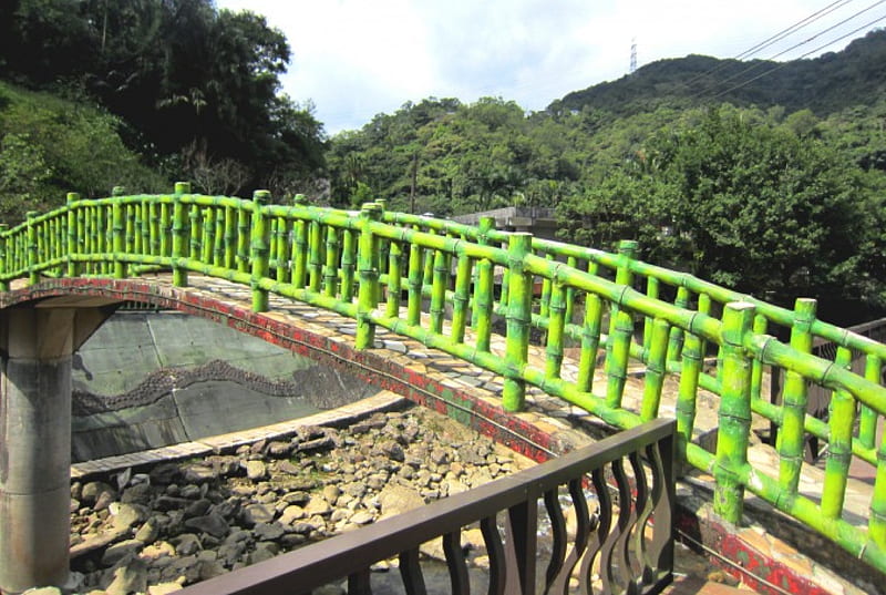 Little bridge, mountain, river, wooden railings, HD wallpaper