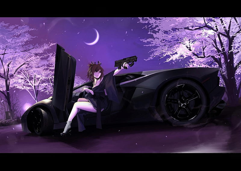 Lets find out who's following me, vehicle, female, kimono, gun, girl, car, anime girl, weapon, night, HD wallpaper
