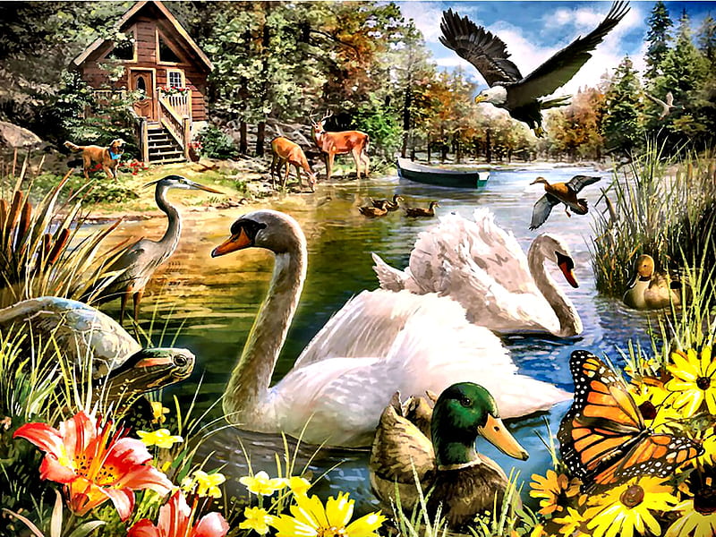 Summer Retreat - Cottage FC, architecture, cottage, ducks, bonito, swan, illustration, artwork, deer, butterfly, painting, wide screen, flowers, scenery, art, eagle, birds, avian, wildlife, landscape, HD wallpaper