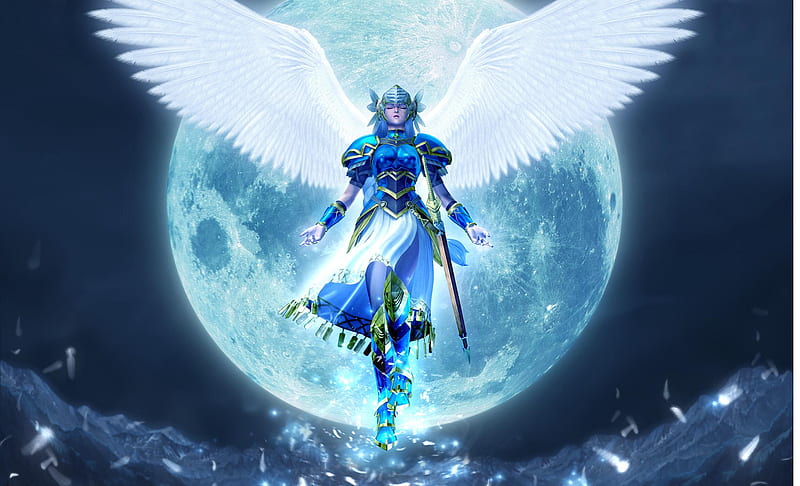 Valkyrie Lenneth, wings, angel, game, white wings, valkyrie, fullmoon, valkyrie profile, moonrise, fantasy, moon, lenneth, HD wallpaper