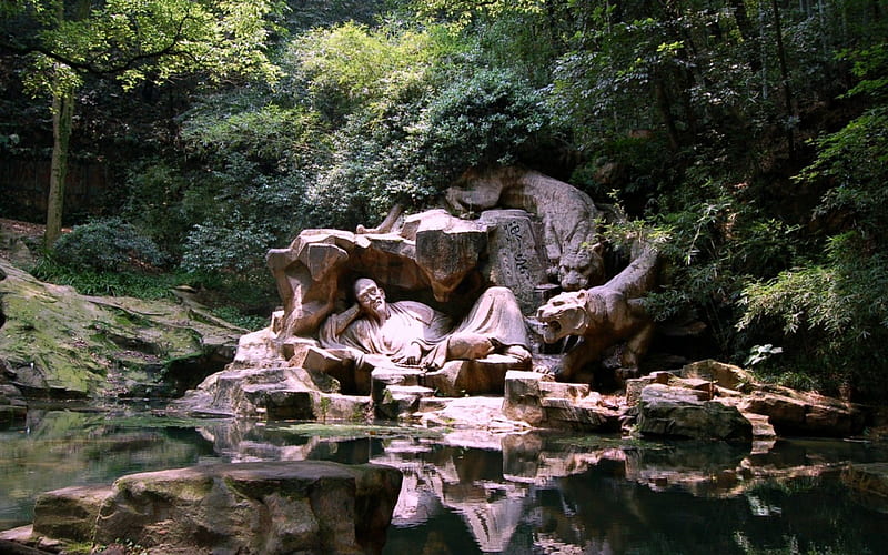 Hupao, Water, Reflection, Statue, Holy, HD wallpaper