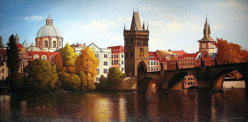 Artwork of Prague, moldova, czech Republic, river, charles bridge, HD wallpaper