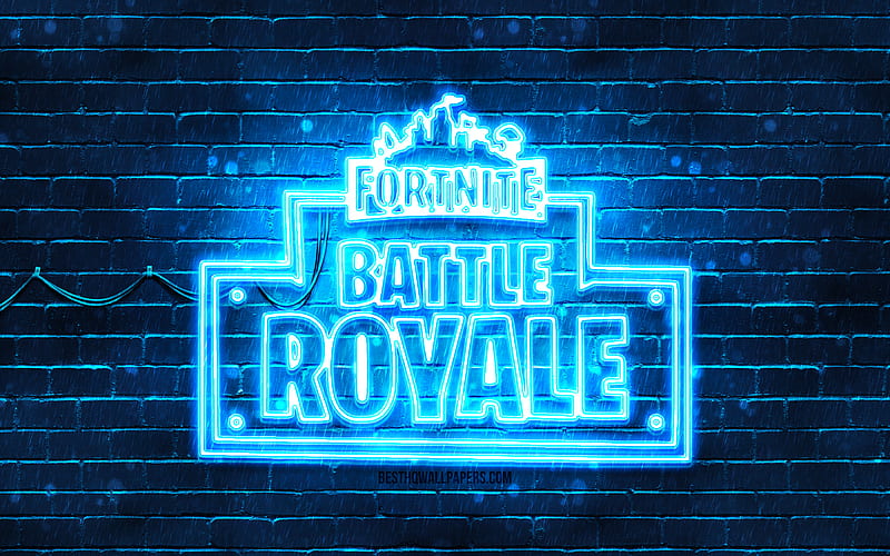 Fortnite Battle Royale blue logo blue brickwall, Fortnite Battle Royale logo, online games, Fortnite Battle Royale neon logo, Fortnite Battle Royale, HD wallpaper