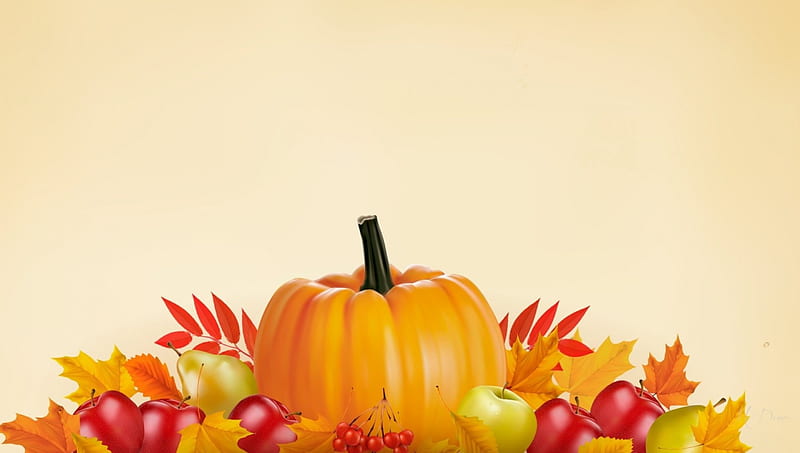 Happy Thanksgiving Bounty, fall, autumn, mountain ash berries, harvest, food, apples, pears, leaves, Thanksgiving, puimpkin, Halloween, HD wallpaper