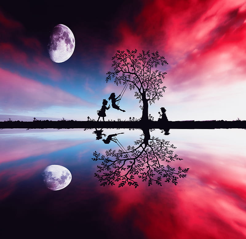 Moon and kids, Kids, Playing, moon, hop, reflection, sky, water, HD wallpaper