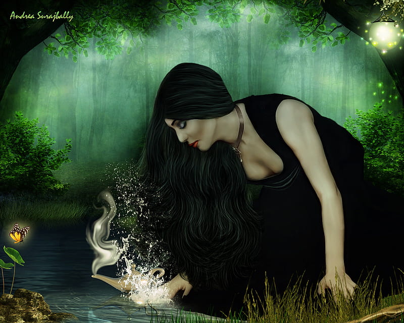 ~Genie Summoned~, grass, magic, women, butterfly, manipulation, Genie, scary, forests, face, touch, love four seasons, lips, trees, water, cool, eyes, dress, lantern, bonito, digital art, hair, girls, smoke, light, animals, night, lamp, female, lakes, summoned, colors, dark, plants, meditation, HD wallpaper