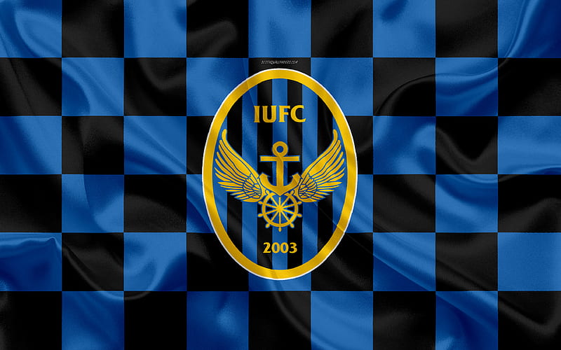 Incheon United FC logo, creative art, blue black checkered flag, South Korean football club, K League 1, silk texture, Incheon, South Korea, football, HD wallpaper