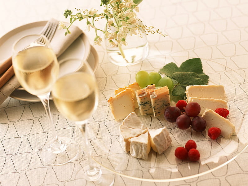 Cheese Platter, wine, cutlery, glasses, grapes, dish, berries, cheese, plate, cheeses, snack, HD wallpaper