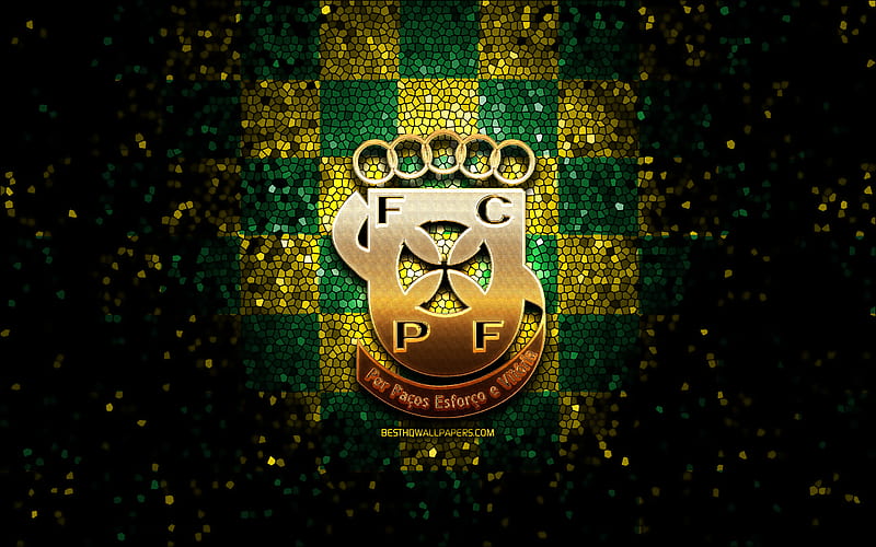 Ferreira FC, glitter logo, Primeira Liga, green yellow checkered background, soccer, portuguese football club, Ferreira logo, mosaic art, football, FC Pacos de Ferreira, HD wallpaper