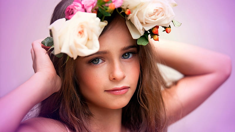 Cute Girl Is Having Flowers Crown On Head Facing One Side In A Pink Background Cute, HD wallpaper
