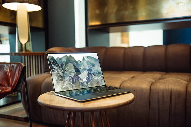 laptop on brown sofa, HD wallpaper