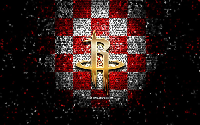 Houston Rockets, glitter logo, NBA, red white checkered background, USA, american basketball team, Houston Rockets logo, mosaic art, basketball, America, HD wallpaper