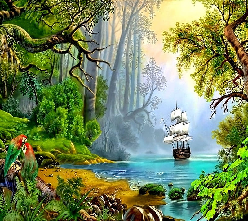 Nature , jungle, leaf, leaves, nice, river, sea, skip, sky, tree, trees, HD wallpaper