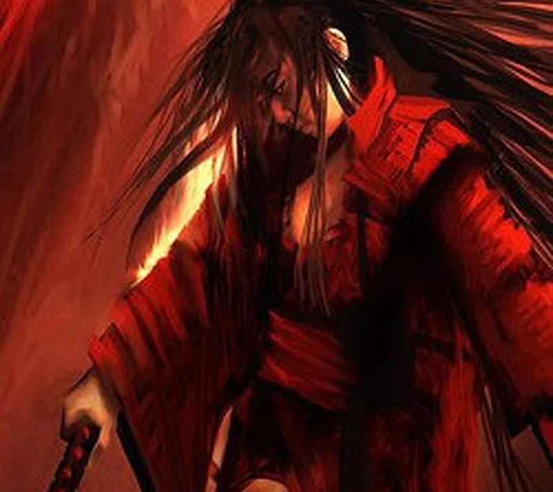 Agasha Tomioko, l5r, red, fire, japanese, girl, samurai, katana, HD wallpaper
