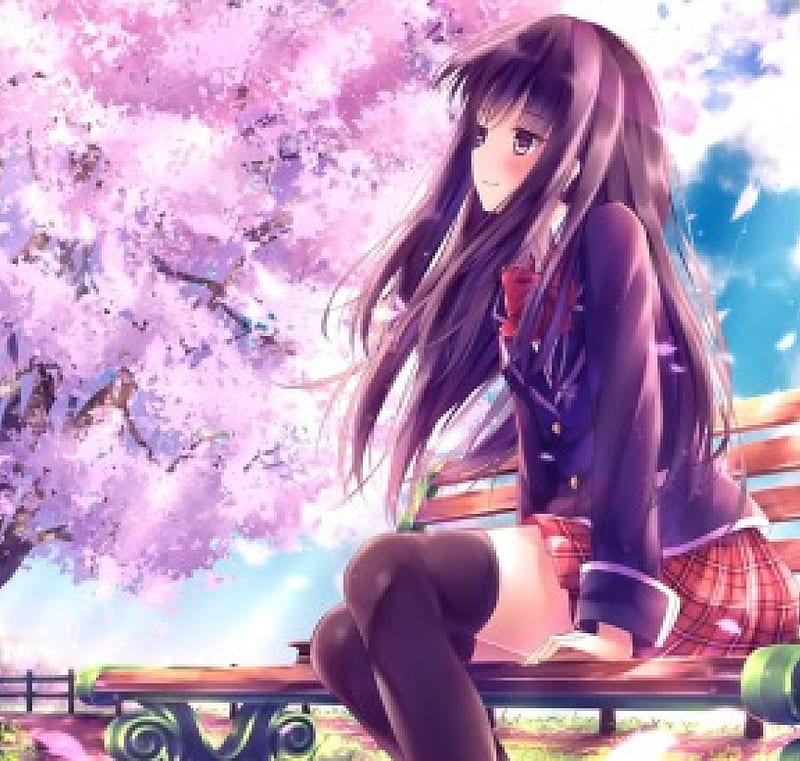 wating for you, sakura, cute, school, pretty, uniform, girl, anime, tress, HD wallpaper