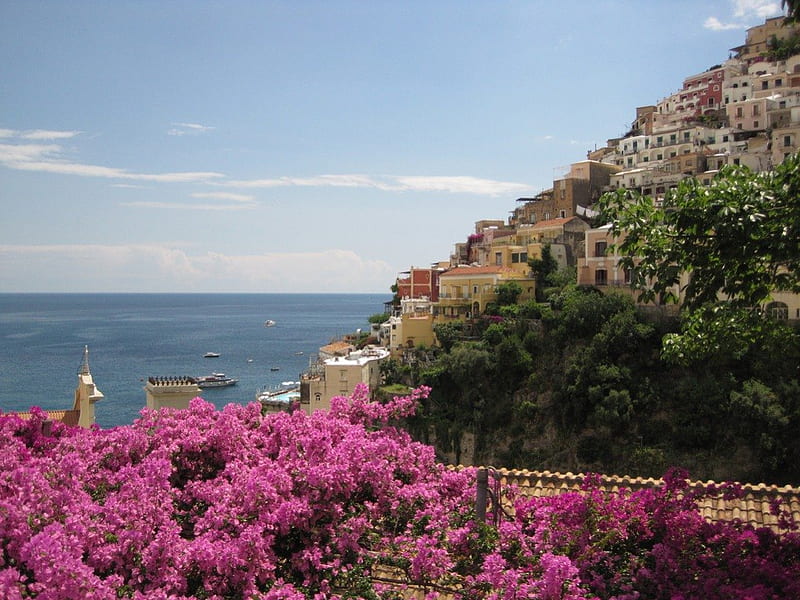 Amalfi in Bloom, oceans, amalfi, mountains, flowers, towns, clouds, sky