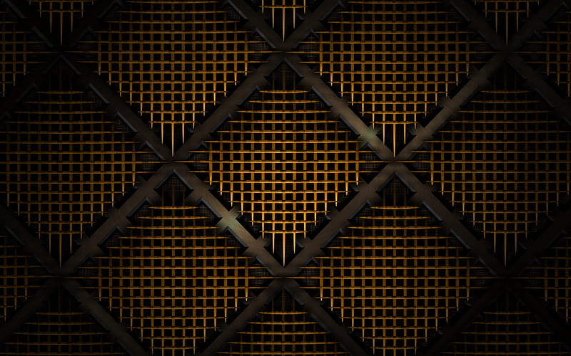 metal grid pattern, macro, yellow metal background, grunge background, black metal grid, metal grid, metal backgrounds, metal grid background, metal textures, grid patterns, yellow backgrounds, HD wallpaper