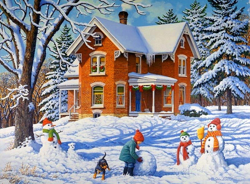 Winter joy, house, cottage, children, game, painting, kids, frost, playing, art, holiday, christmas, fun, joy, trees, winter, snow, day, HD wallpaper